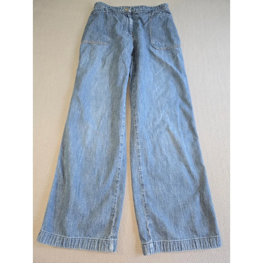 J. Jill Wide Leg Jeans Womens 10 Blue Cotton Elastic Waist Patch Pocket Denim